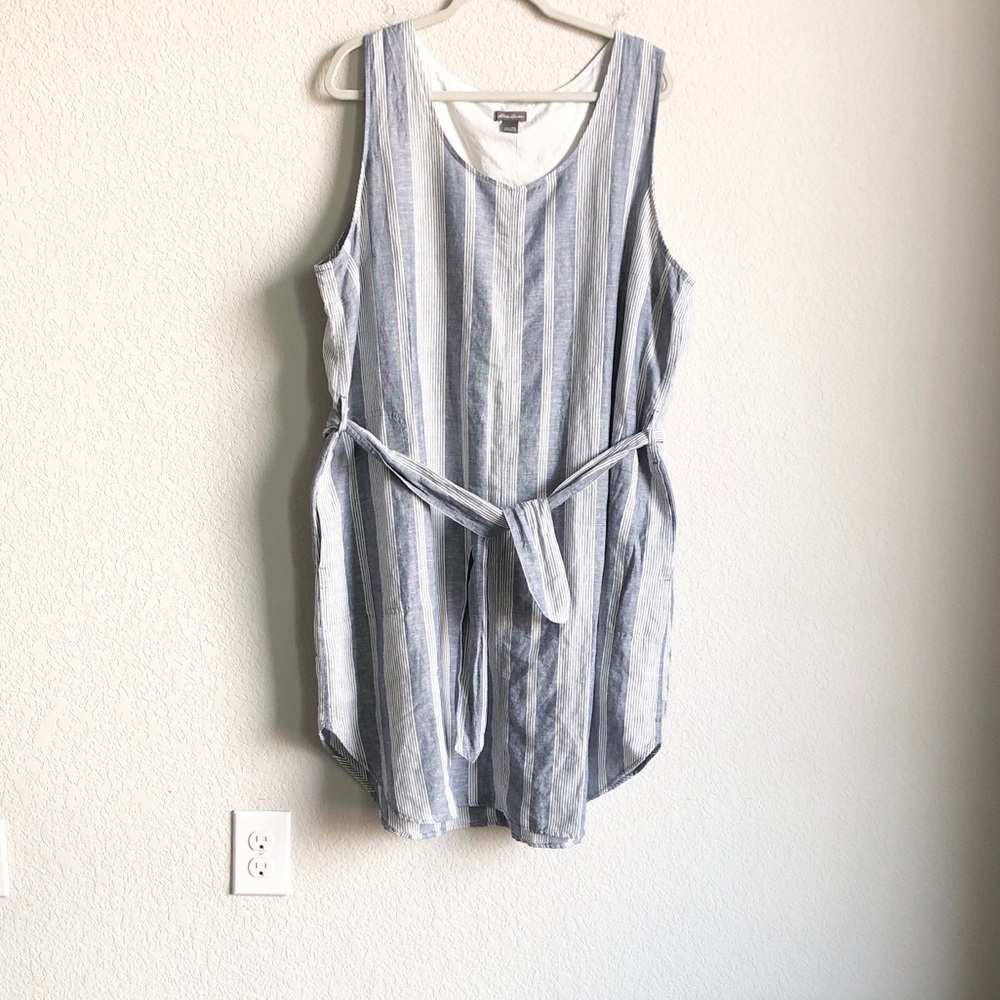 Eddie Bauer Linen Blend Pocket Dress Knee Length Blue White Stripe Waist Tie 2XL